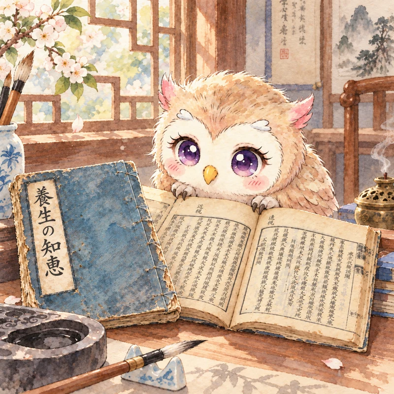 「養生の知恵」と書かれた書物を読んでいるふくろうの水彩画