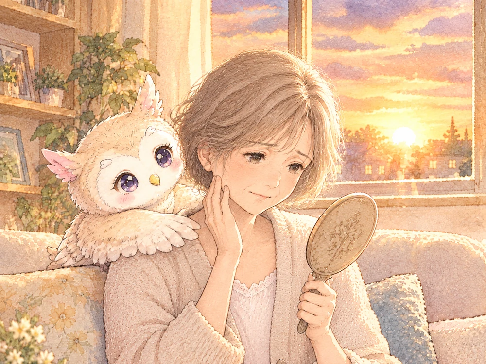 夕方のリビングで手鏡を見つめる女性の肩に、ふくろうがそっと寄り添う水彩画。これからの見える喜びを感じる穏やかな時間