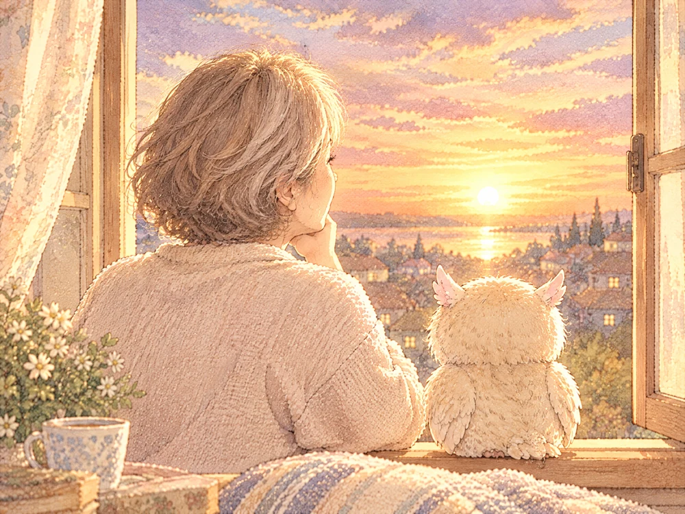 夕暮れの窓辺で、50代後半の女性がふくろうと並んで夕日を眺める水彩画。これからも自分の目で楽しんでいきたいという願いを表す時間