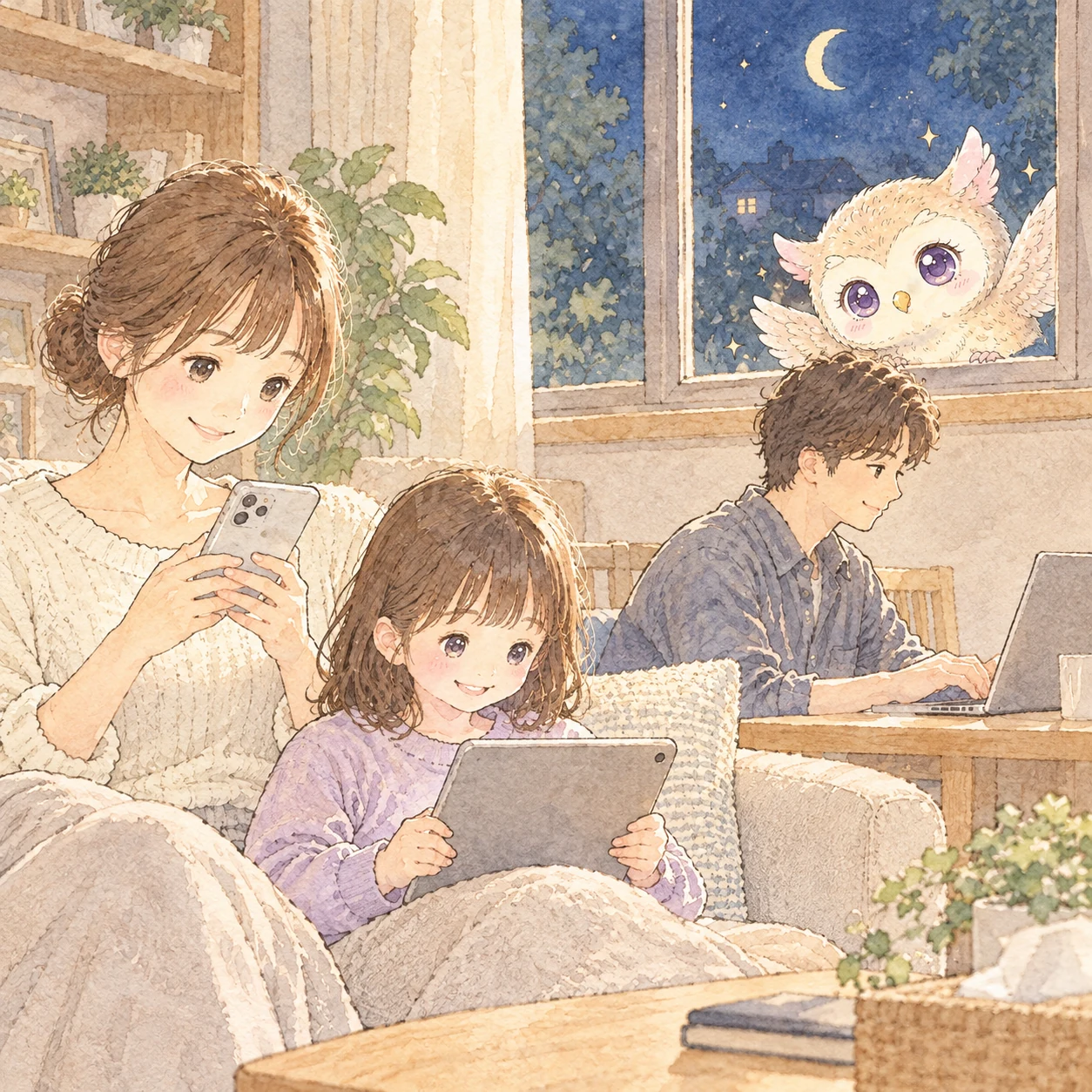 夜のリビングで、母親がスマホ、子どもがタブレット、父親がパソコンを見ている様子と、窓の外から見守るフクロウのイラスト